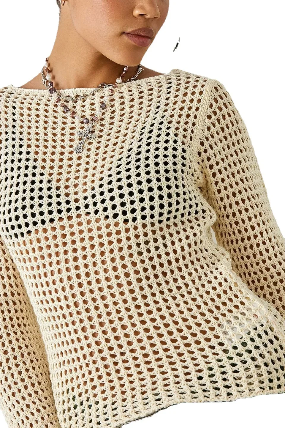 سويتر نسائي بأكمام طويلة ورقبة مستديرة ، بلوزة كاجوال فضفاضة ، مزاجه ، قميص وقاية من الشمس ، انقطاع مثير ، صيف ، جديد ،