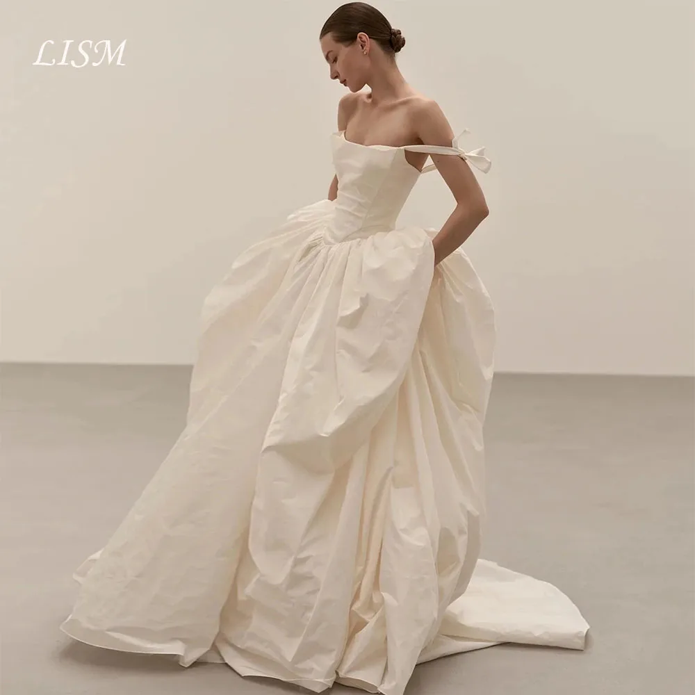 Lism Customized Modern Wedding Dress Off Shoulder Pleated Sweep Train Ivory Taffeat A-Line Bridal Gown Vestido De Novia 2026
