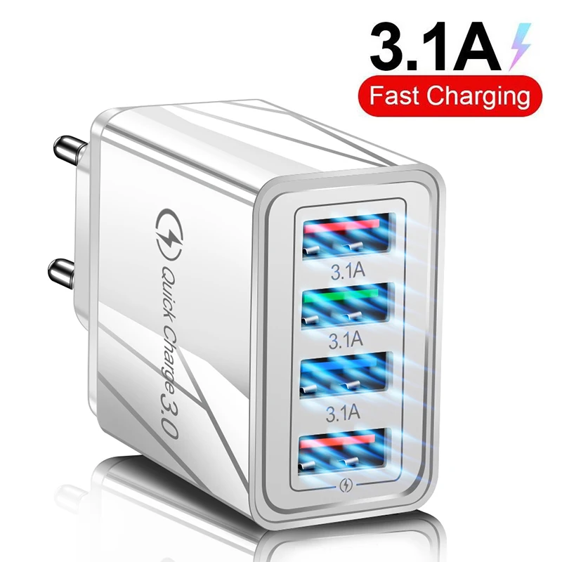 Fast 4 USB Charger Quick Charge 3.1A QC 3.0 For Xiaomi iPhone 14 13 Samsung Tablet Mobile EU Plug Fast Charging Charger Adapter