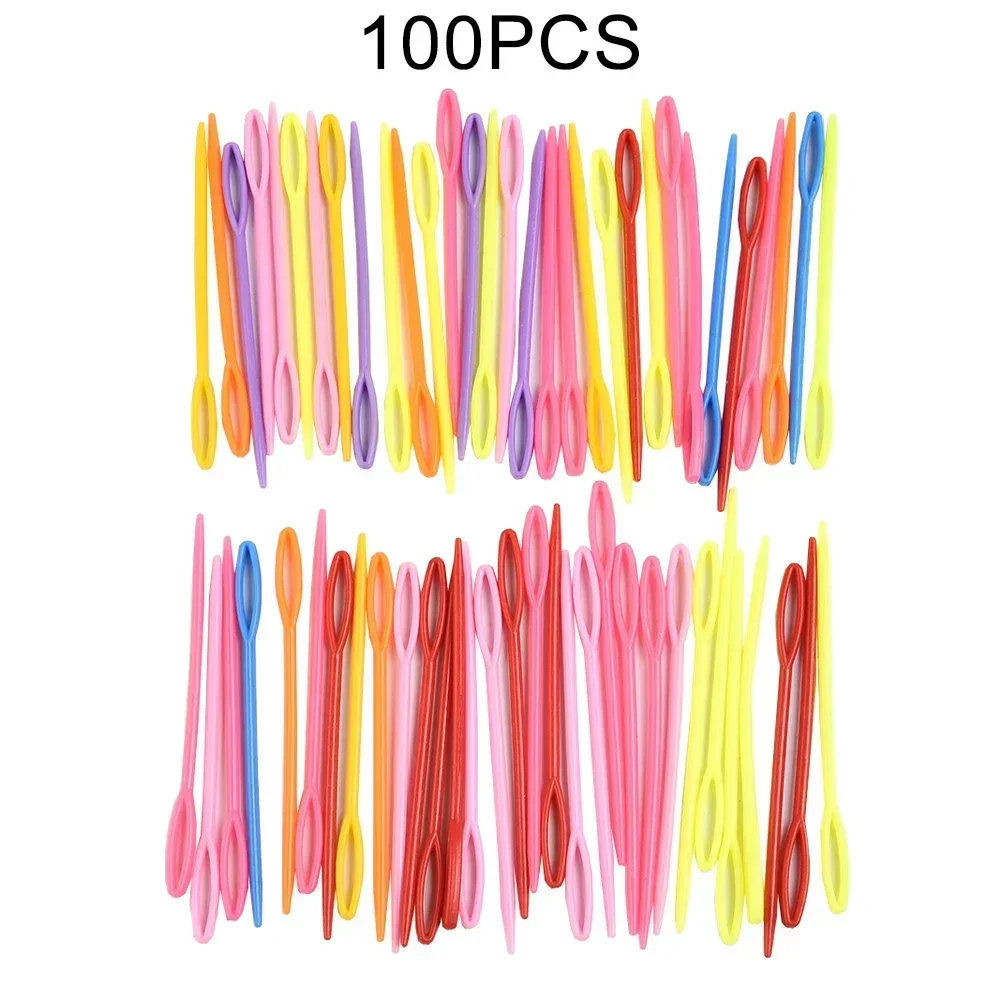 100PCS Mixed Color 5.5-15cm Plastic Knitting Needles Crochet Hooks Wool Yarn Needle Children DIY Sweater Weaving Tools Accessory