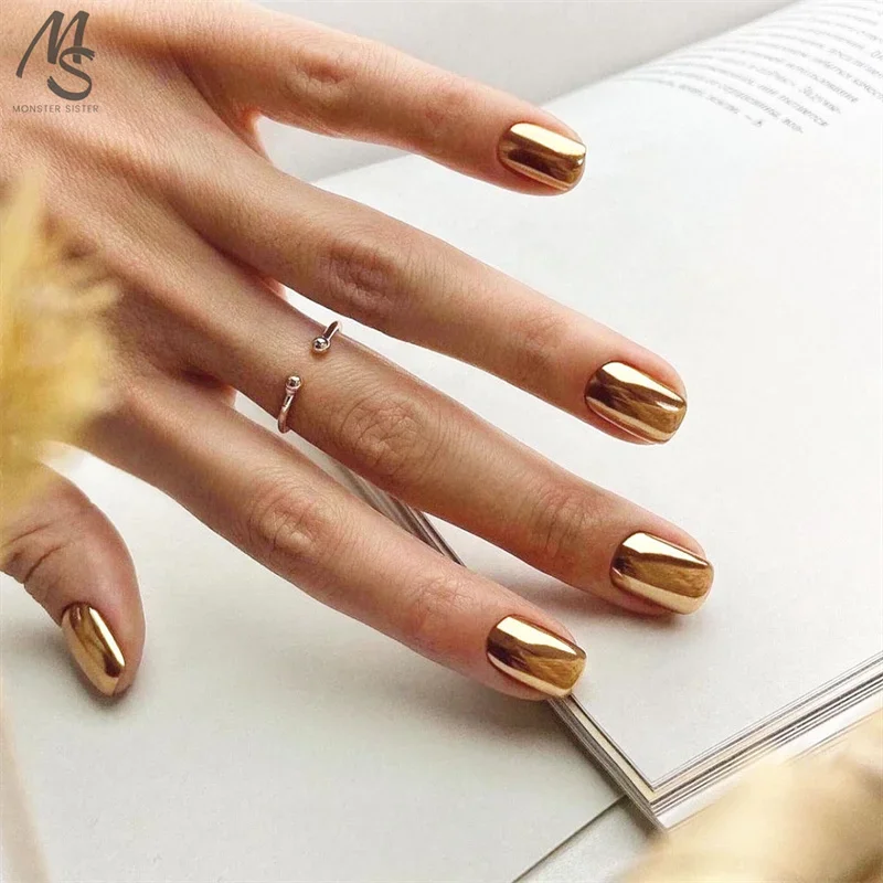 24 Pcs Glossy Fake Nails Pressed Nails Chinoiserie  Reusable Wearing Nails Light LuxuryIns Gold Short Square Retro Sweet