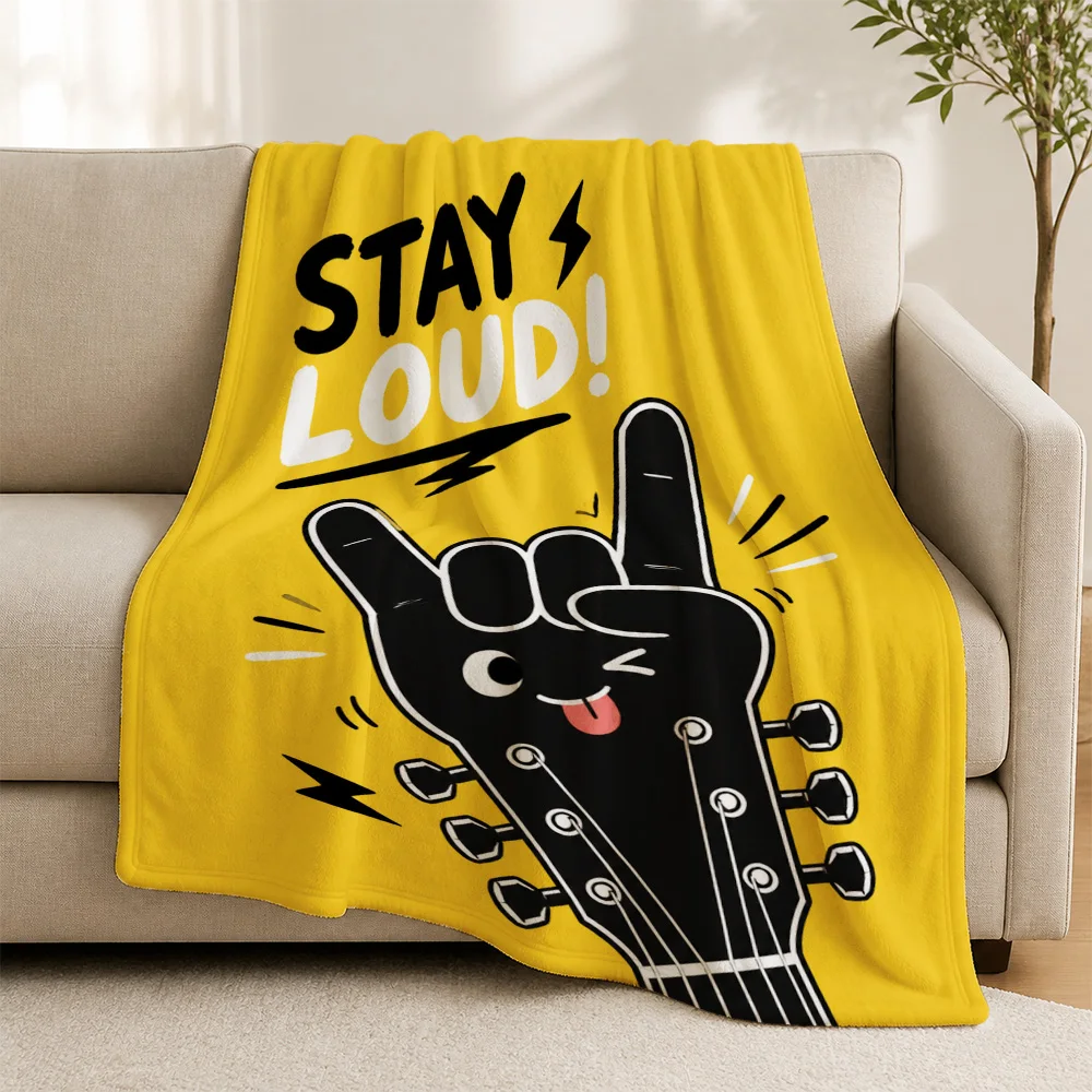 Yellow Stay Loud Rock On Throw Blanket for Sofa Couch Decor Music Lovers Gift Cute Fun Guitar Design Home Accent Decor