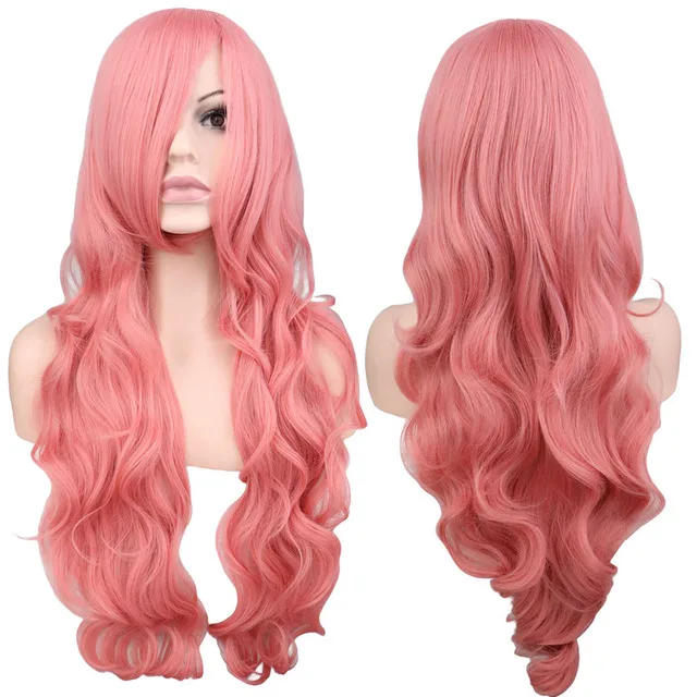 

80Cm Long Pink Curly Wigs For Anime Cosplay Women Costume Wigs Halloween Party Rose Pink Synthetic Wigs Costume Party