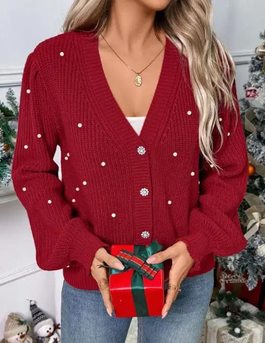 جو عيد الميلاد أزياء المرأة محبوك سترة سترة الخامس الرقبة لؤلؤة زر معدني بسيط سترة بأكمام طويلة #2