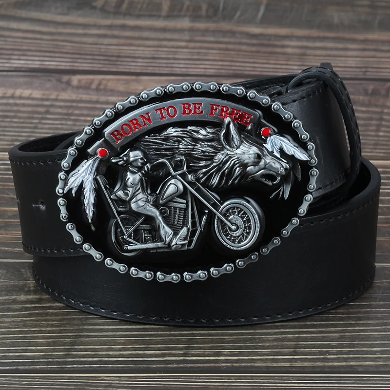 Cinturón decorativo de moda para hombre, hebilla de motocicleta y Lobo, estilo occidental