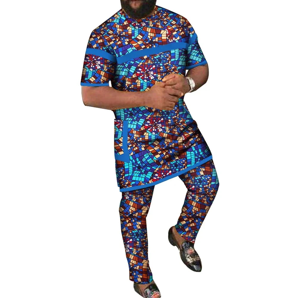 

African Men 2 Pieces Pants Sets African Clothes Casual Men Patchwork Short Sleeve Top Tees with Pocket and Pants Sets WYN787