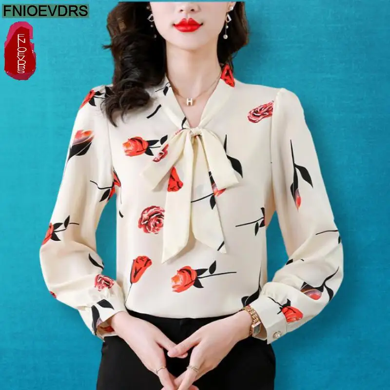 

L-5XL 2024 Spring Peplum Bow Tops Women Basic Wear Office Lady Long Sleeve Floral Retro Vintage French Design Shirts Blouses