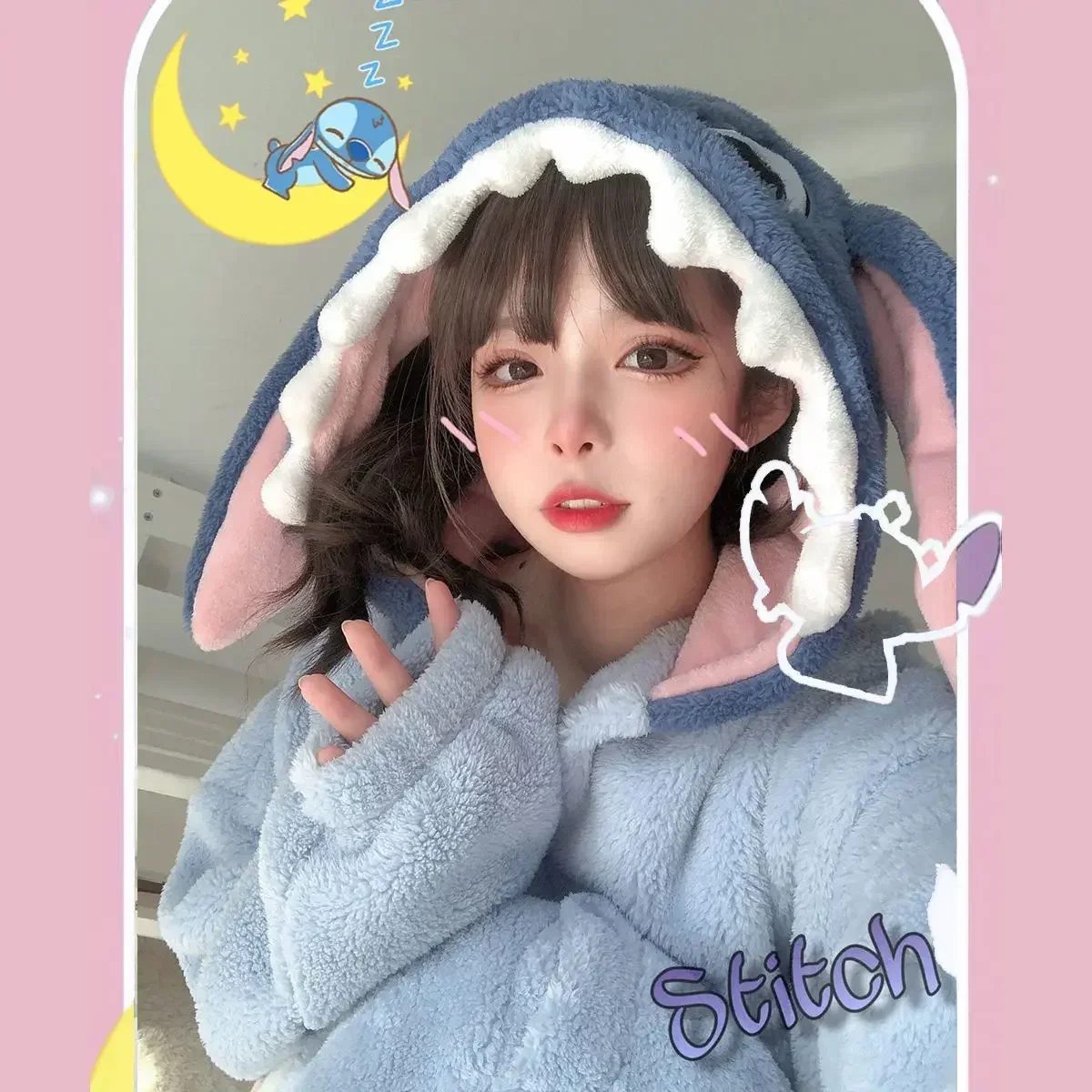 Kawaii Carton Stitch Flannel Sleepwear Pajamas Robe for Women Night Wear Warm Coral Velvet Women\'s Winter Pajamas Bathrobes