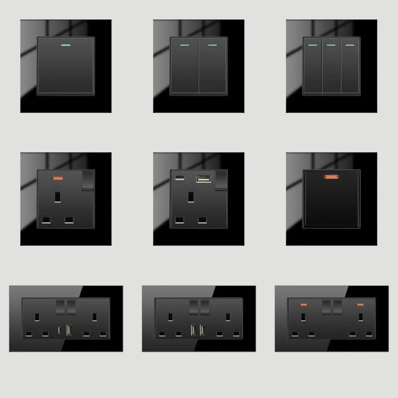 

Британская розетка 13А с быстрой зарядкой через USB Type-C Британская стандартная квадратная ножка с тремя отверстиями, черная стеклянная панель с несколькими отверстиями