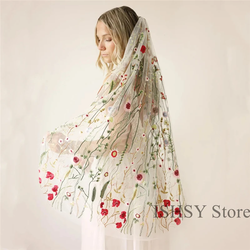 レッドパイグリーン野生の花花ブライダルウェディングベールアクセサリー刺繍チュール葉コームアクセサリー花嫁のためのロング