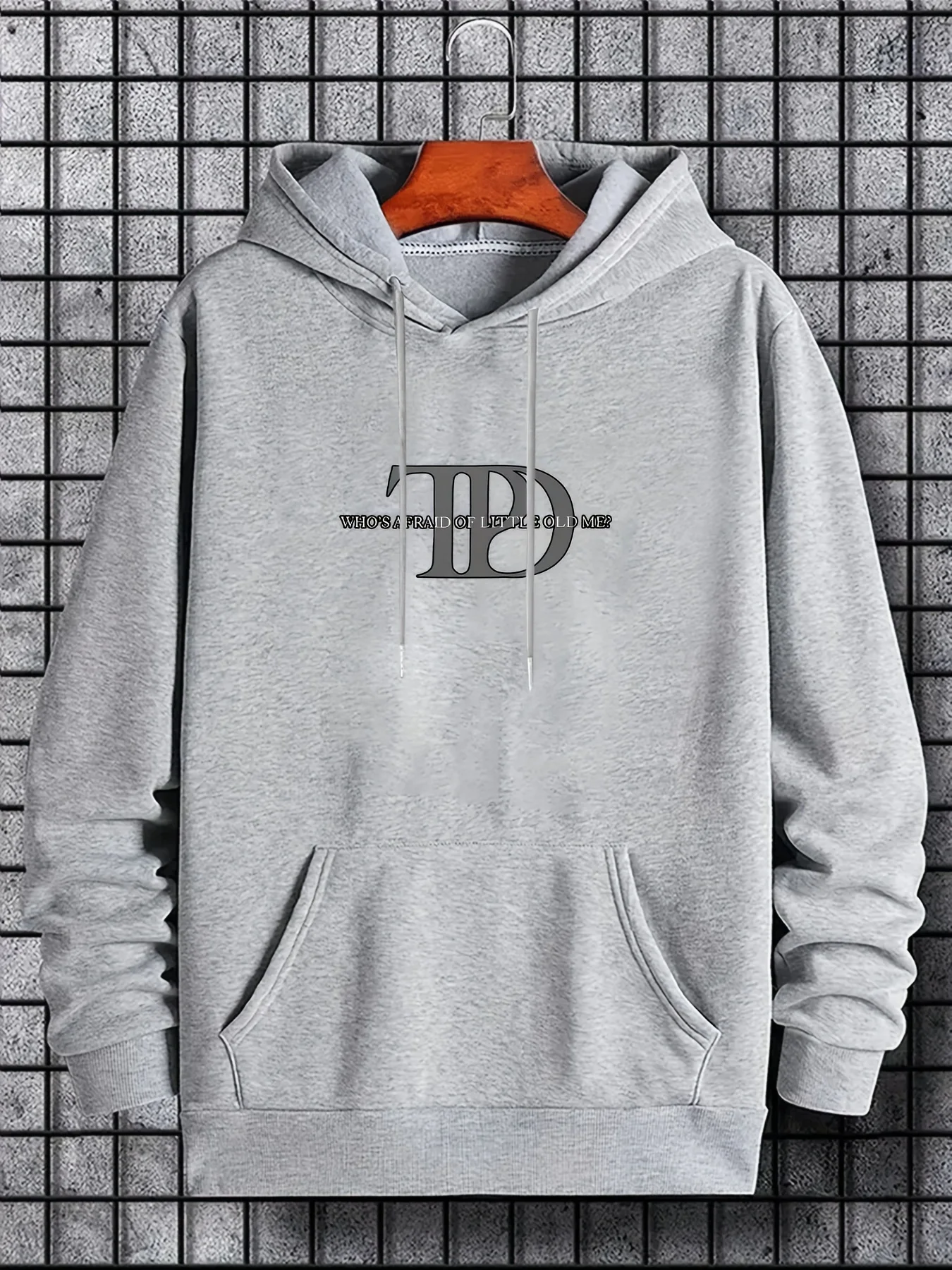 هوديي فضفاض مطبوع هندسيًا للرجال - سترة هيب هوب رمادية للشارع مع جيب أمامي، بلوفر كاجوال للخريف/الشتاء المغسول في الغسالة