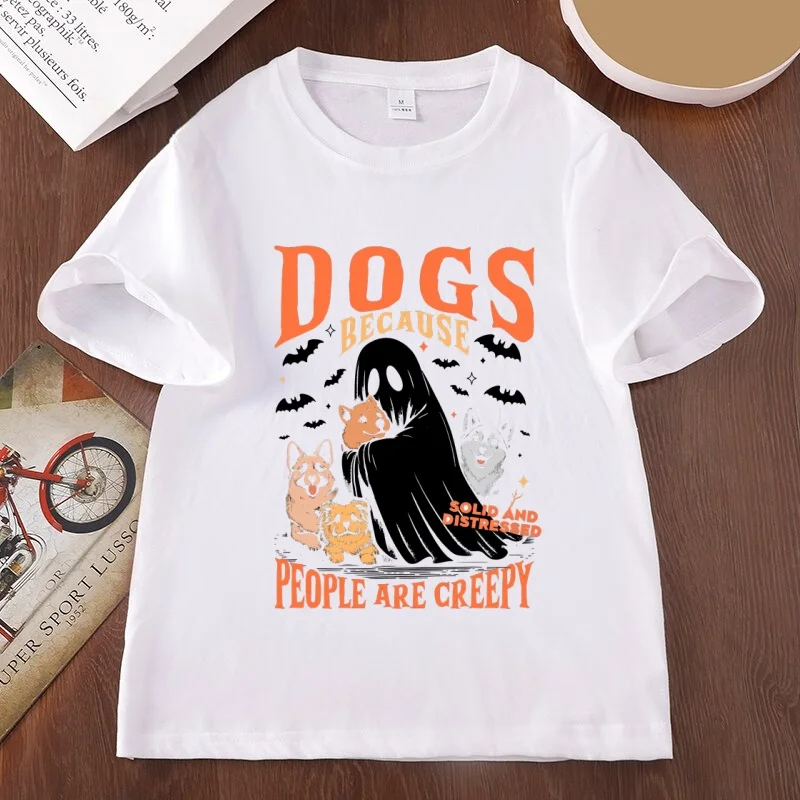 Dogs Because People Are Creepy T-shirt for Men Women Funny Ghost Halloween Spooky T-shirt Casual Short Sleeve Tees Clothing
