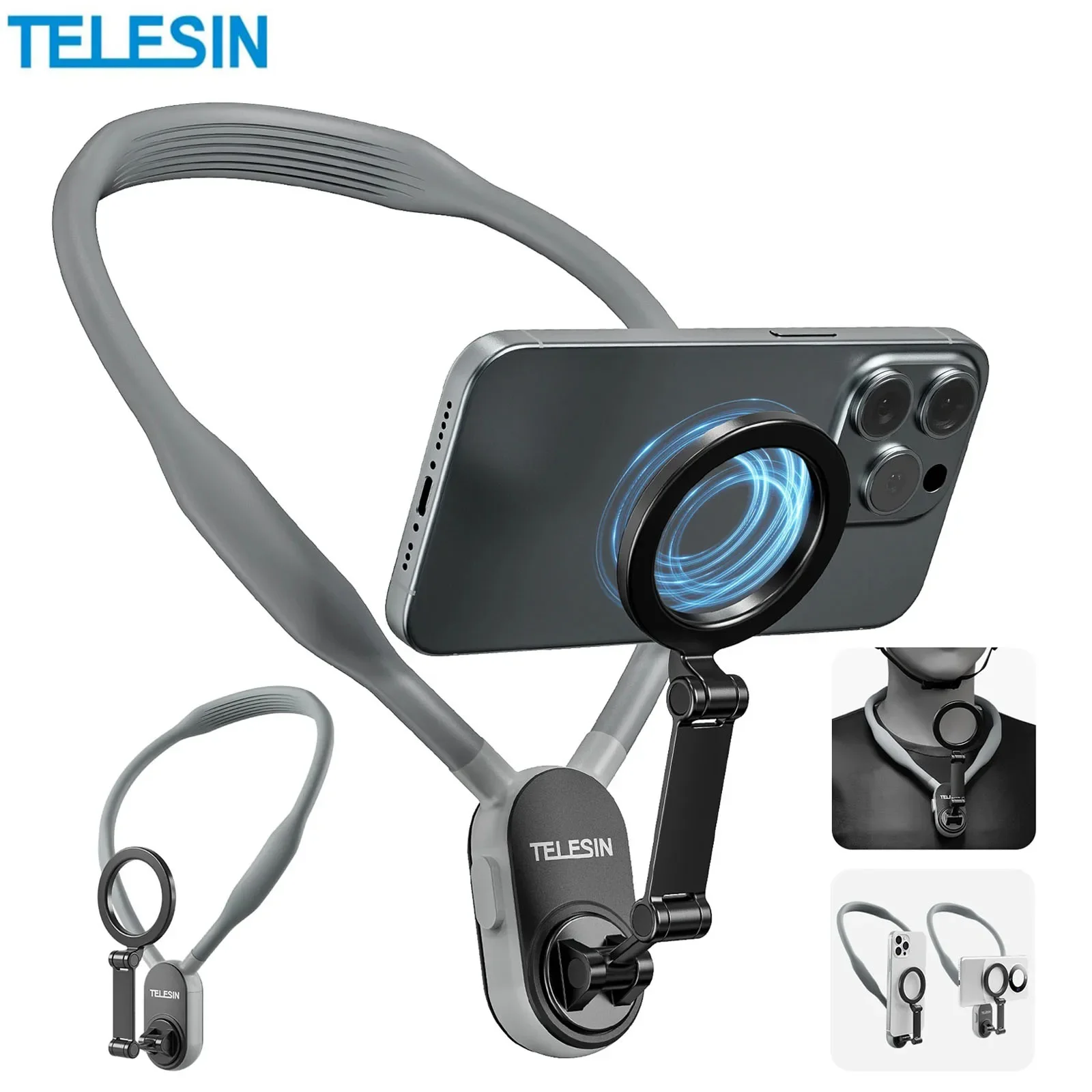 TELESIN-Support de cou magnétique en silicone, support à dégagement rapide pour Smartphones, iPhone 11, 12, 13, 14, 15, Android, accessoire Samsung