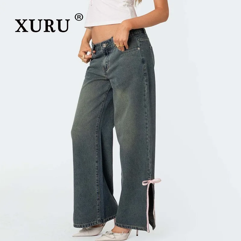 XURU - New Women's Micro Flared Mid Waist Jeans, Y2k Clothing Slim Fit Bow Side Slit Long Jeans, Men's Pants