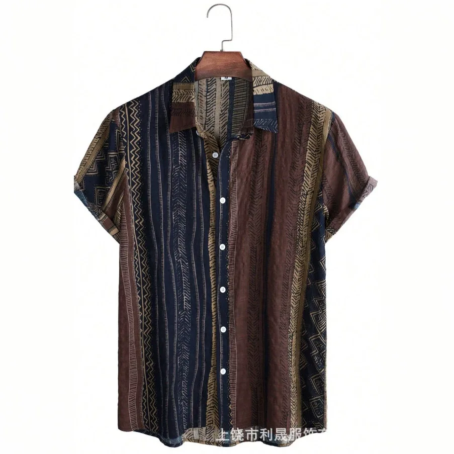 Vintage Vintage Shirt in Vintage Earth Color Niche Forest Style Oil Painting Men's Beach Short Sleeved Shirt