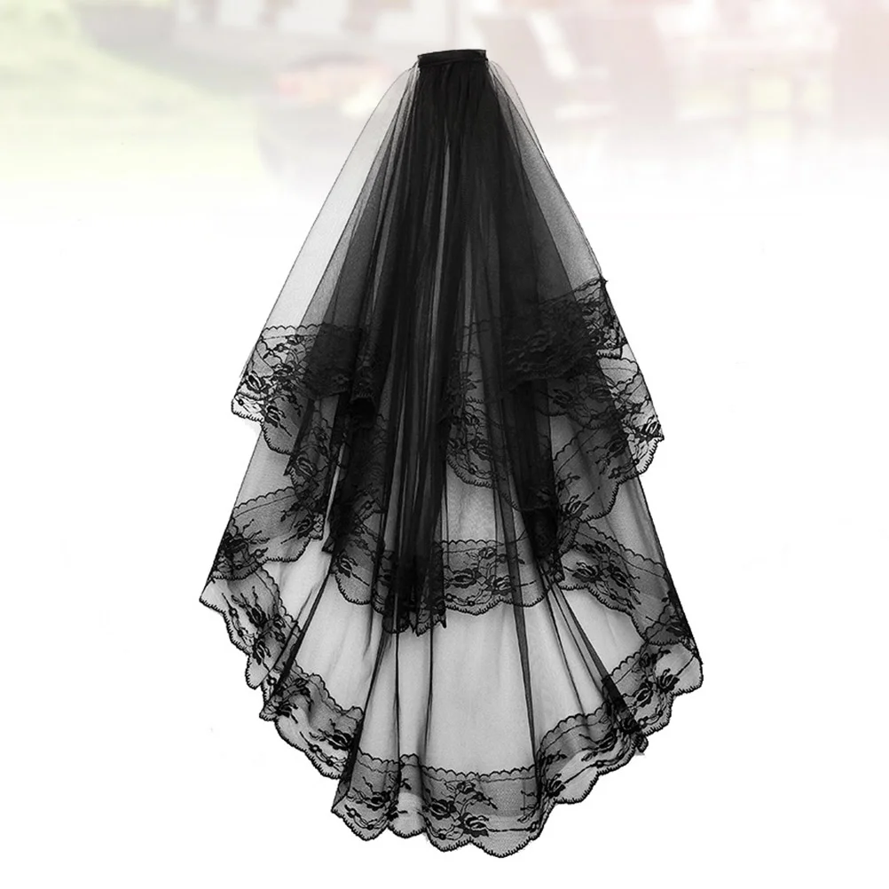 

Double Layer Veil Black Lace Veil Cosplay Bridal Wedding Veil Hair Accessories with Hair Comb for Photography Party