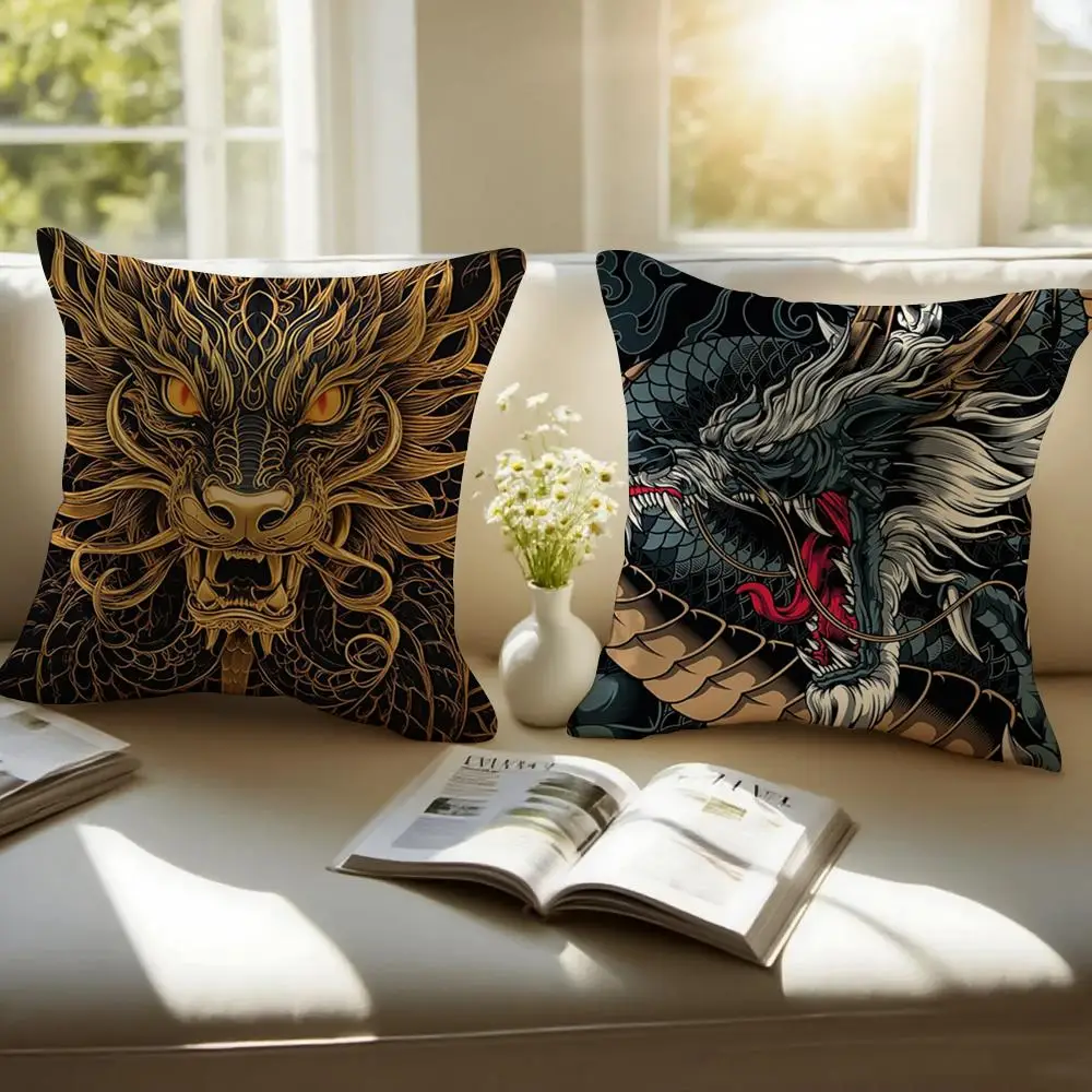 Mythical Graphic J-Japanese Dragon Cushion Cover Pillowcase Anti-dustmite Invisible Zipper Short Plush Sofa Cushion