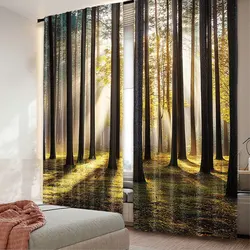 2Pcs Forest Curtains Landscape Sunrise In The Forest Leaves In Seasonal Woodland Scenery Photo For Bedroom Bathroom Living Room