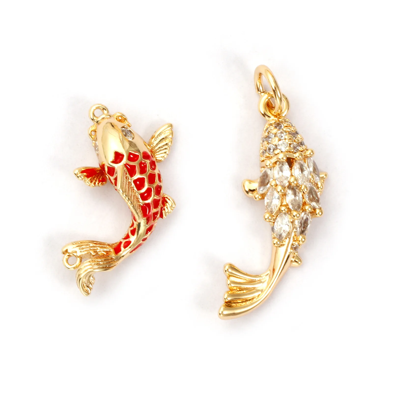 1 pieza de colgantes de joyería de latón con forma de océano, pez carpa, esmalte chapado en oro de 18 quilates, pez de la suerte, Zirconia cúbica roja 3D para fabricación de collares DIY