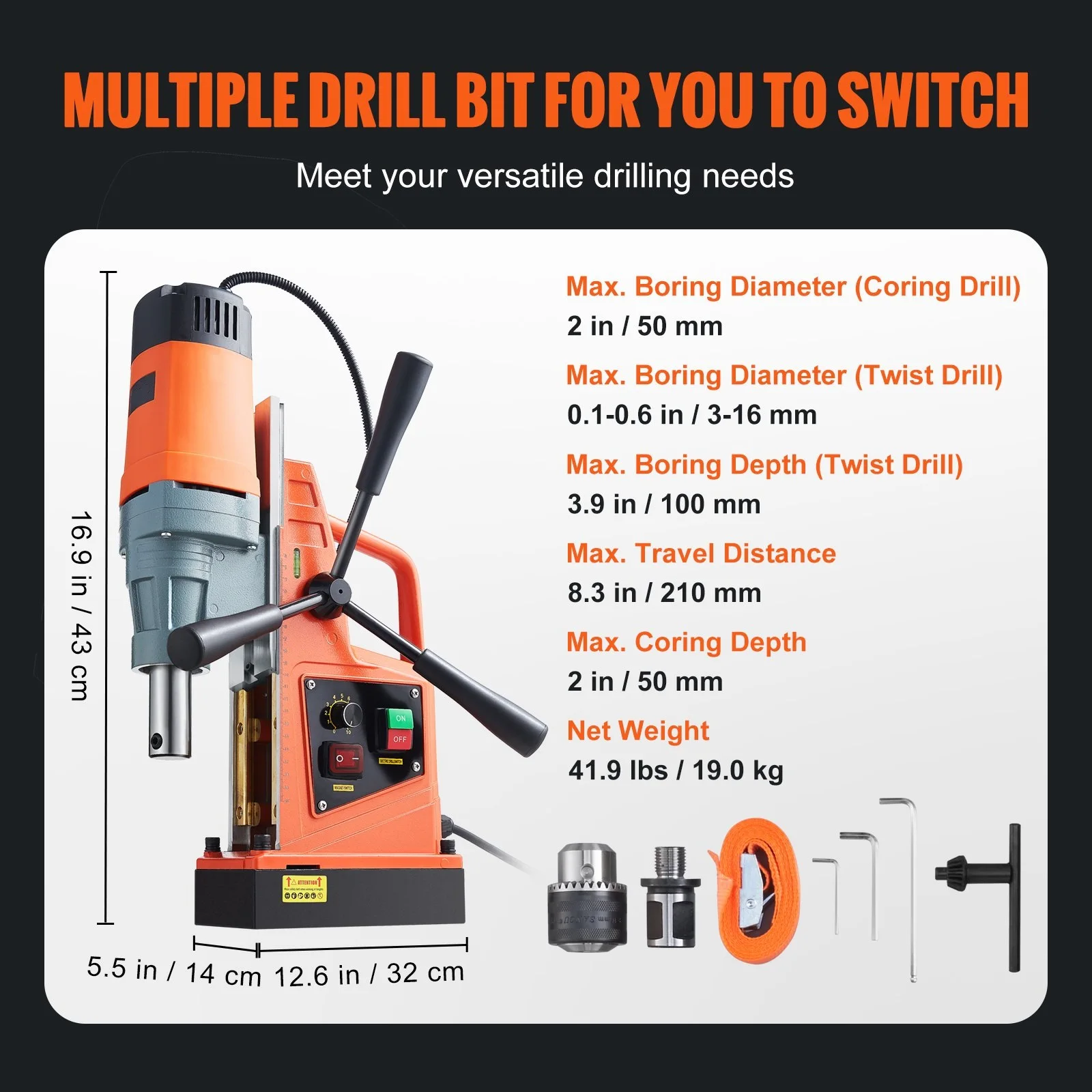 Magnetic Drill Machine 1550W 50 mm Boring 13000N Portable Electric Mag Drill Press with Variable Speed 500 RPM Drilling Machine