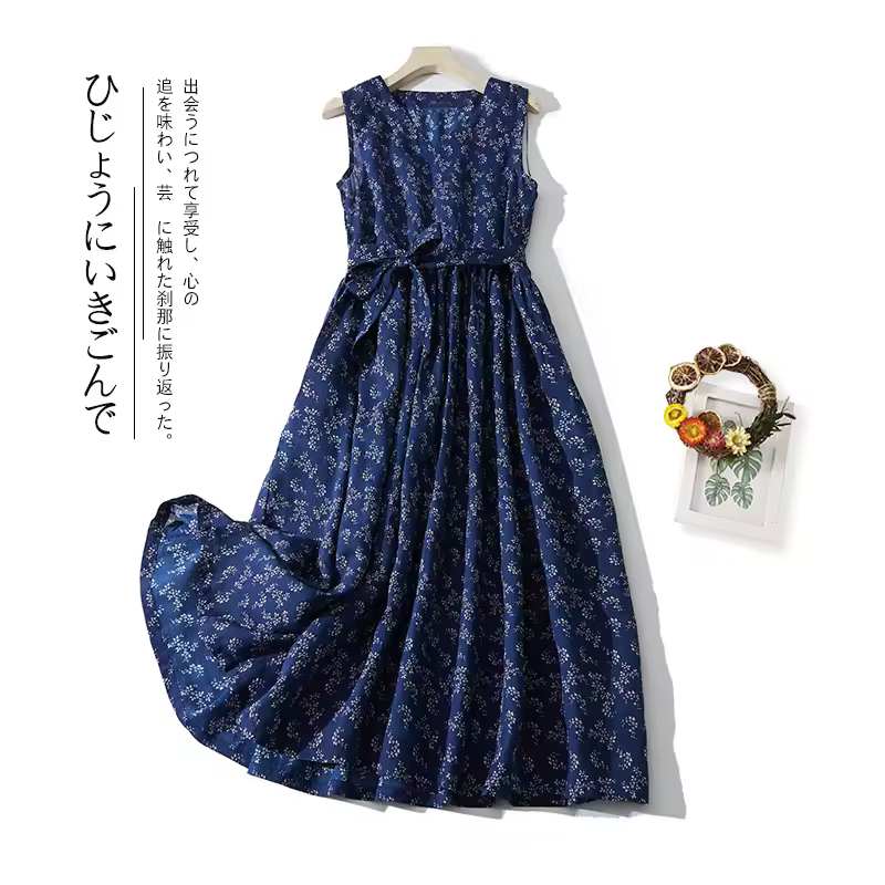 Cotton and linen printed sleeveless dress female 2024 summer new Korean retro literary loose temperament leisure undershirt dres