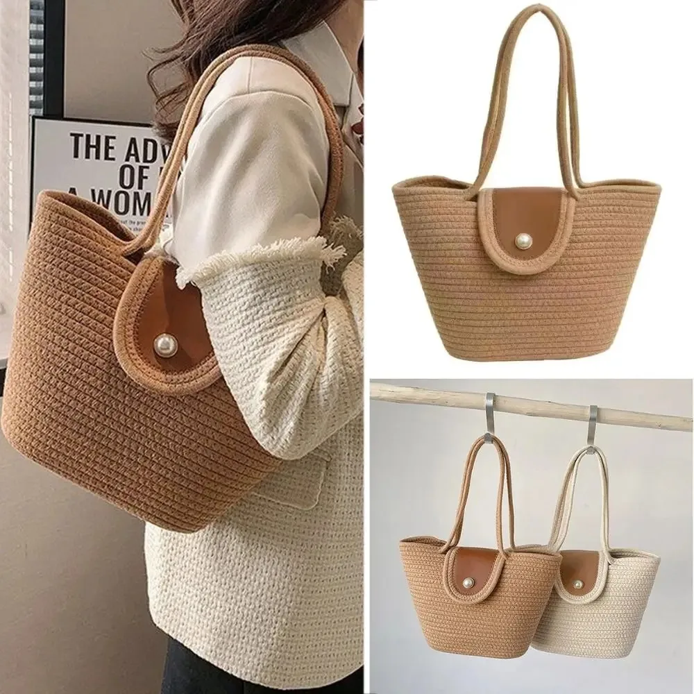 

Knitted Sweet Braided Tote Bag Cotton Rope Pearl Cotton Thread Woven Bag Summer Large Capacity Beach Vacation Bag Holiday