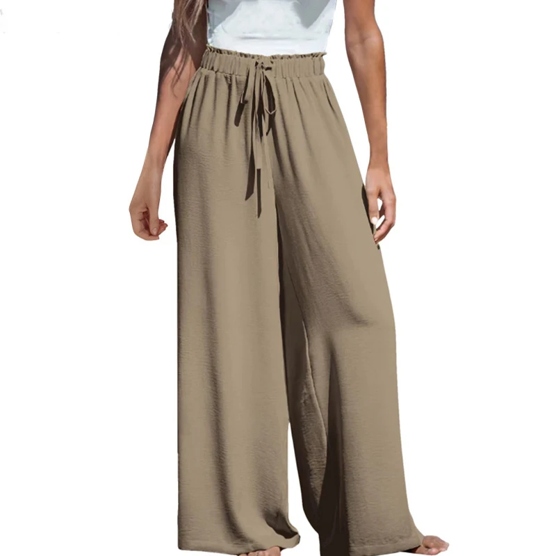 Pantalones de pierna ancha con cordón y cintura elástica para mujer, pantalón holgado informal, ropa básica de viaje elegante, moda de verano y otoño