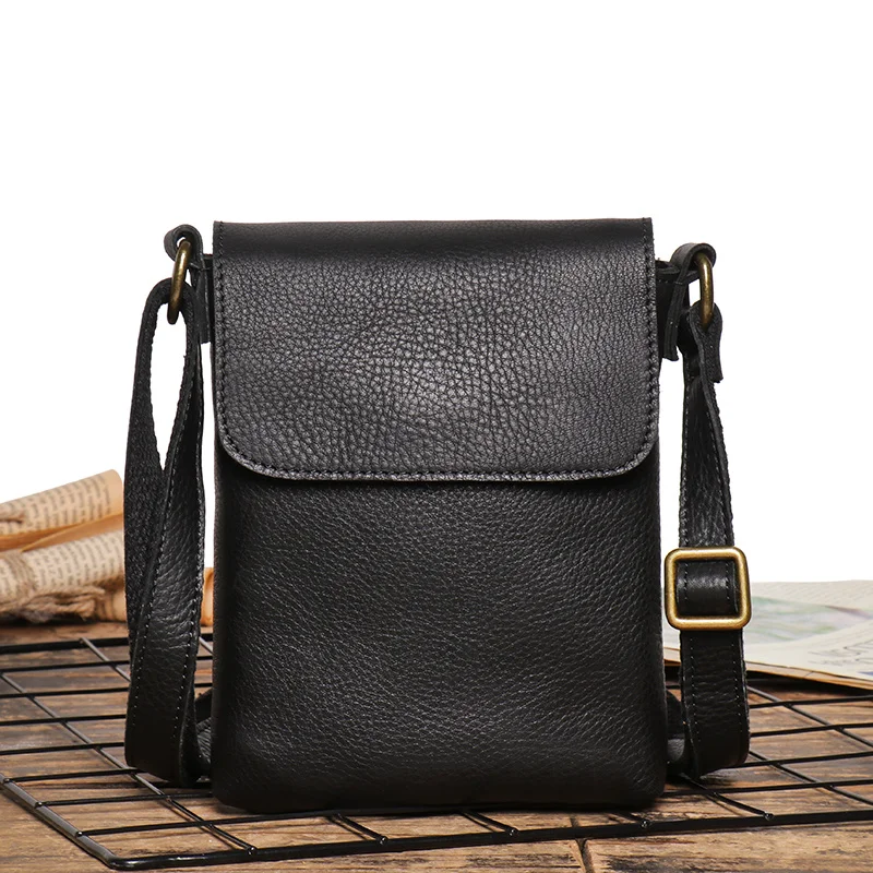 Bolso de hombro pequeño con cremallera para hombre, bandolera de cuero genuino, diseño de minorrilla, teléfono Simple, Retro, negro