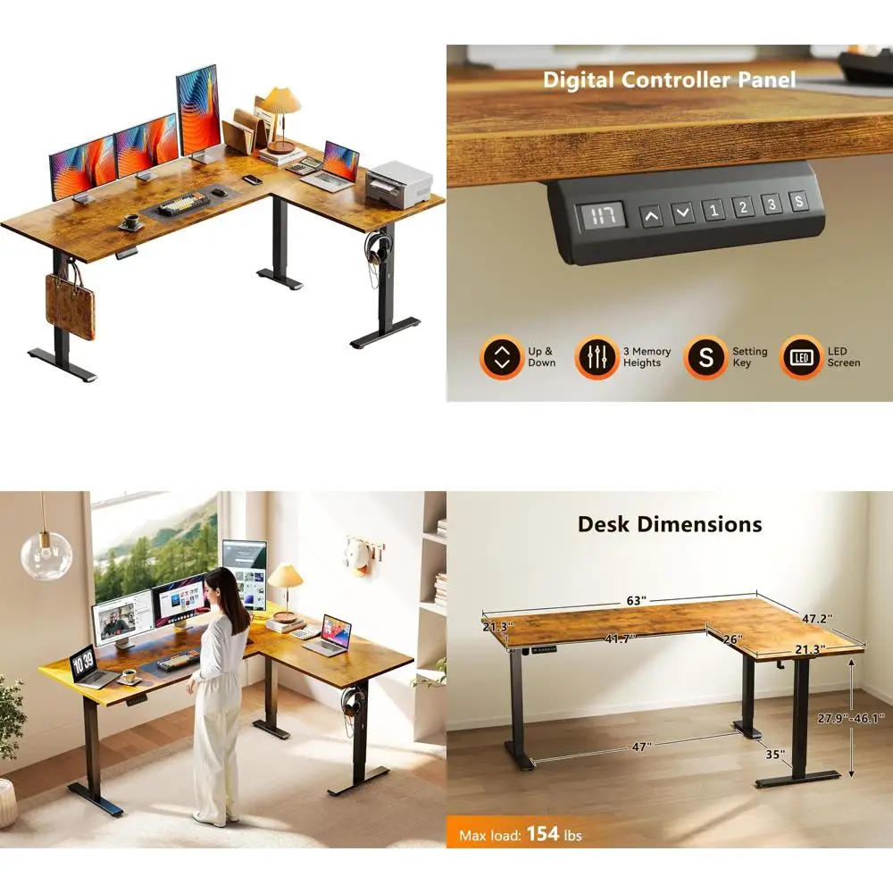 مكتب كهربائي على شكل حرف L مقاس 63 بوصة، مكتب قائم زاوية بارتفاع قابل للتعديل، طاولة رفع كبيرة مريحة #1