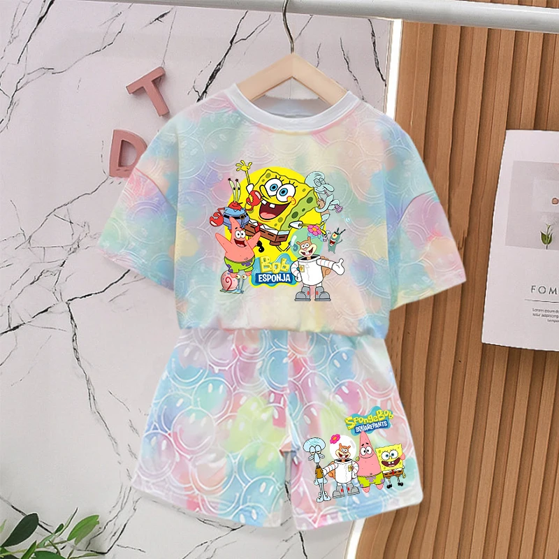 SpongeBob SquarePants Tie-dye Smlie Tees Children's Cute Short Sleeves Baby T Shirt Shorts 2pcs Boy Girl Summer Clothing Sets view 6