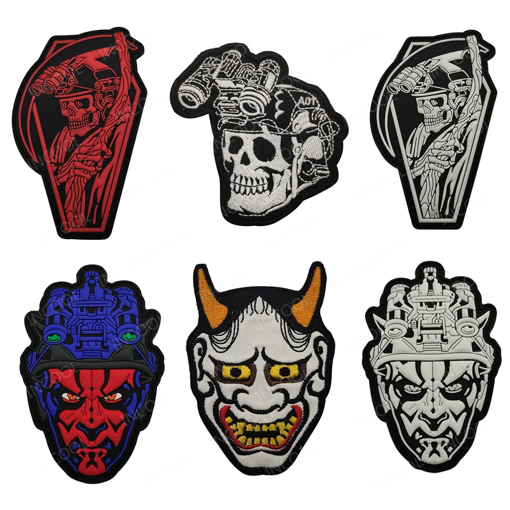 Skull Masks Death God Rubber PVC Japanese Devil Mask Patches Tactical Shoulder Decorative Armband Badges Glow In Dark