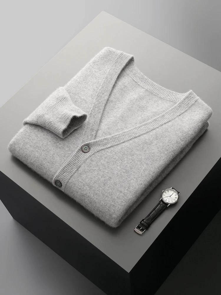 Men's V-neck Wool Cardigans Autumn Winter Basic Sweater Smart Casual Thick Cashmere 100% Merino Wool Knitwear Soft Male Clothing