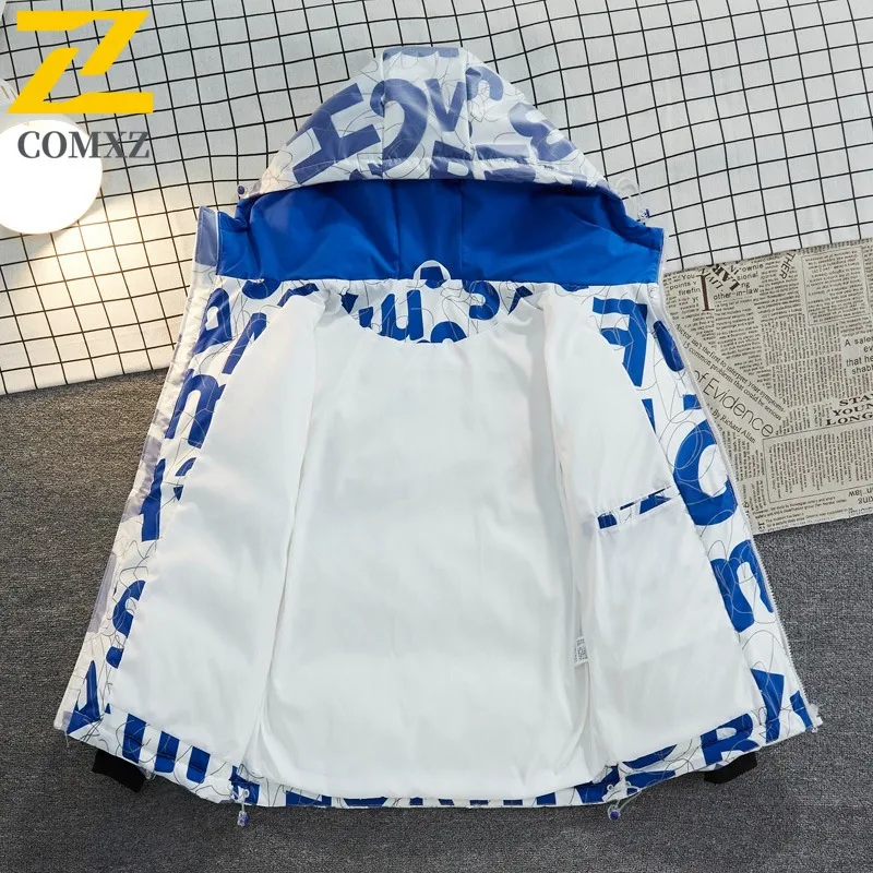 Comxz jaqueta masculina com estampa de letras, quente, grossa, estilo coreano, casaco acolchoado, neve, resistente ao frio, elegante, jaqueta de pão