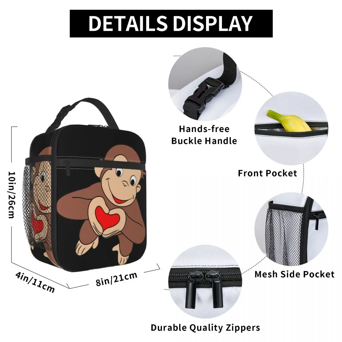 Curious George Is All Heart-Bolsa de almuerzo aislante para mujer, enfriador térmico de la serie de TV, Bento Box, para playa, Camping y viajes