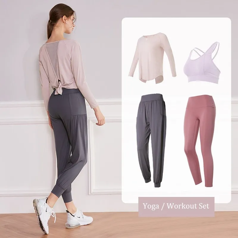 Yoga Set Women Gym Clothing Loose Running Sweatpants Back Tie Long Sleeved Shirts Seamless Fitness Leggings Workout Sport Suits