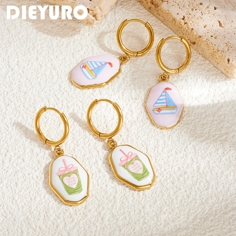 DIEYURO Stainless Steel Cartoon Enamel Sailboat Bubble Tea Irregular Oval Hoop Earrings For Women Fashion Earrings Jewelry Gift