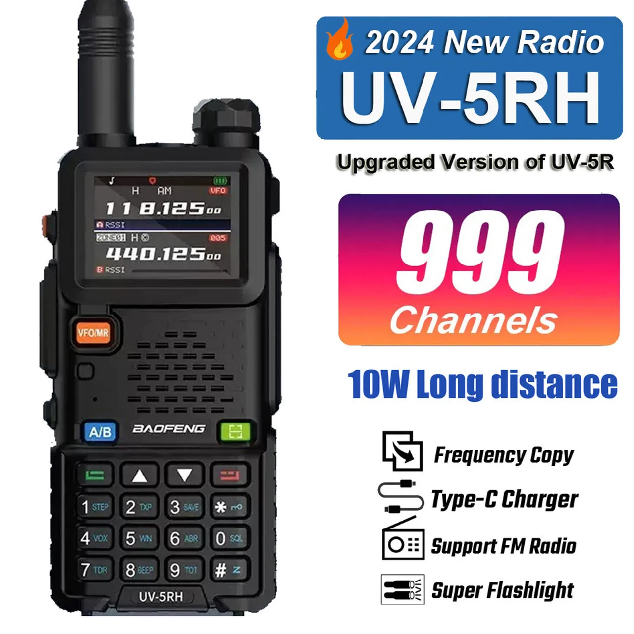 Baofeng UV 5RH 10W Full Bands Walkie Talkie Wirless Copy Frequency Type-C Charger Upgraded UV 5R Transceiver Ham Two Way Radio