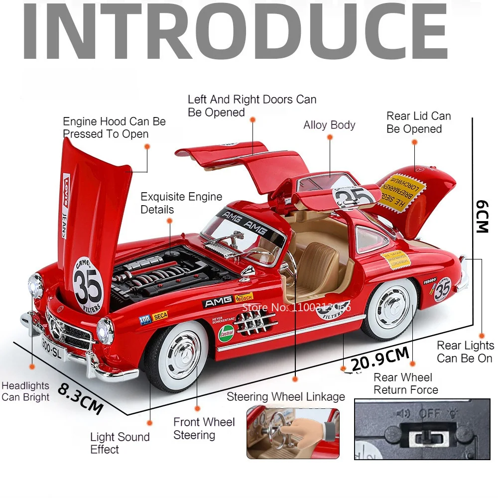 1/24 Alloy Diecast 300SL Cars Models Toys 4 Doors Opened Vintage Car Wheel Pull Back Vehicle Toy for Boys Adult Collection Gifts