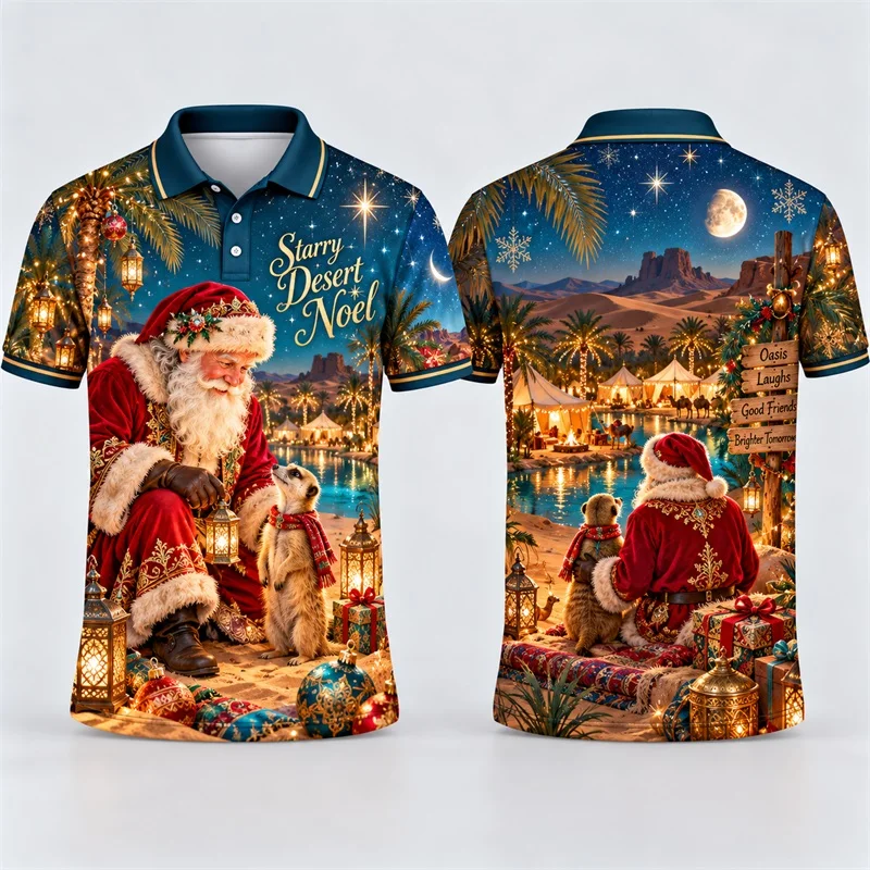 Mens Desert Christmas Santa and Meerkat Polo Shirt Short Sleeve Lapel Tee Starry Night Print Holiday Casual Tops For Men