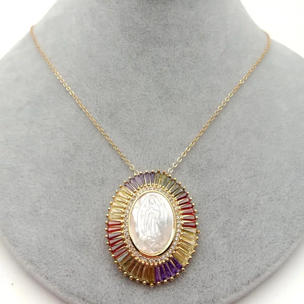 

White Shell Virgin Mary Rainbow CZ Micro Pave Oval Pendant necklace