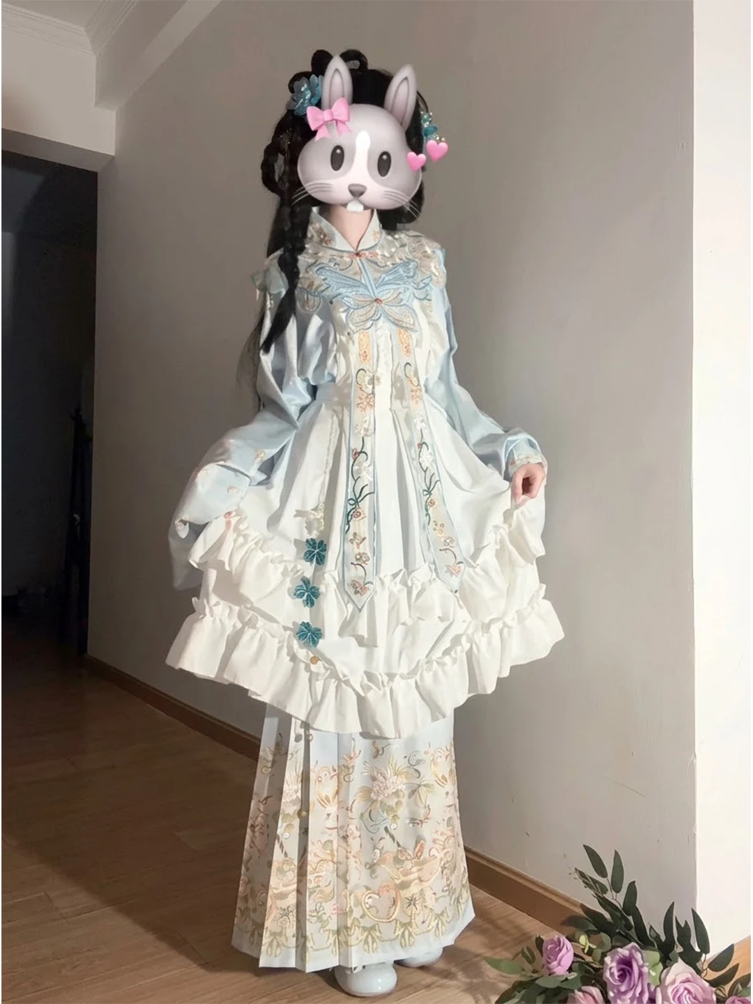 Blue Embroidered Ming Dynasty Hanfu Women's Lolita Skirt Cloud Shoulder  Face Skirt Cute Traditional Chinese Costume