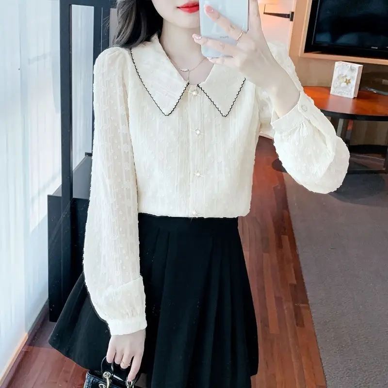 Women\'s Korean Fashion Chic Sweet Button Up Shirt Spring Autumn Embroidery Elegant Chiffon Blouse Long Sleeve Loose Tops Blusas