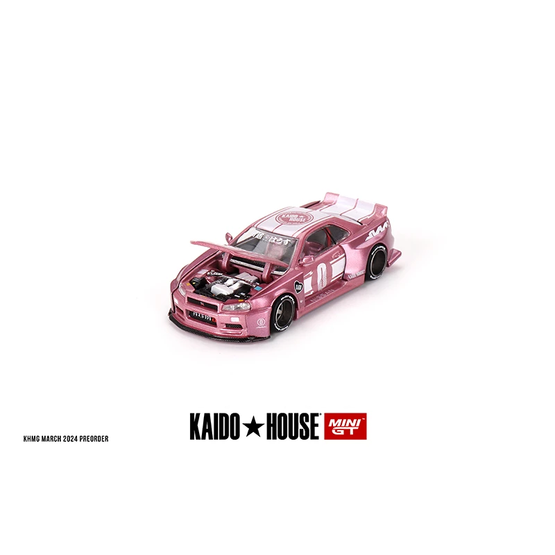 MINIGT KHMG128 In Stock 1:64 Skyline GTR R34 Racing Factory V1 Pink Openable Hood Diecast Diorama Car Model Kaido House