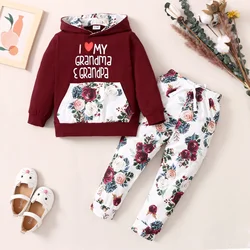 PatPat 2-piece Toddler Girl Letter Floral Print Hoodie and Pants Set Perfect for Outings and Daily Wear Basic Style