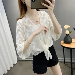 Summer Women Thin Sunscreen Cardigan Lace Lace-Up Hollowing Out Loose Tops Female Korean Style Short Coat Casual Sun Protected