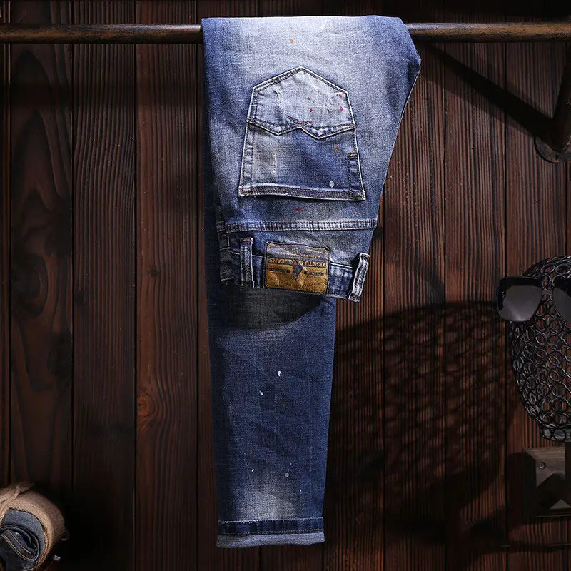 Street Fashion Men Jeans High Quality Retro Blue Stretch Slim Fit Patched Ripped Jeans Men Painted Designer Vintage Denim Pants
