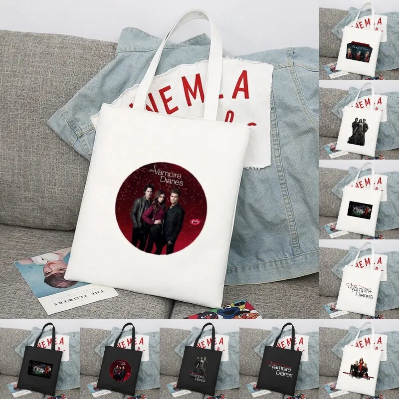 

The Vampire Diaries Men Women Shopping Bag Handbag Harajuku Style Foldable Reusable Cloth Shopper Bag Student Canvas Tote Bag