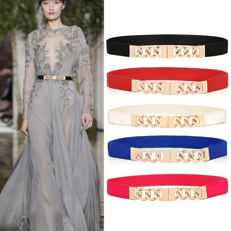 Metal chain decoration women\'s elastic waistband thin Korean version fashionable simple and versatile elastic waistband belt