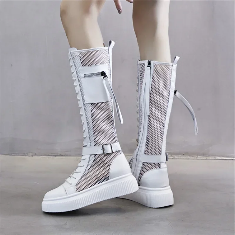 Oddychające buty z siateczki dla kobiet 2024 Summer New White Long Barrel Thin Knight Boots Thick Sole Mesh Boots Women\'s