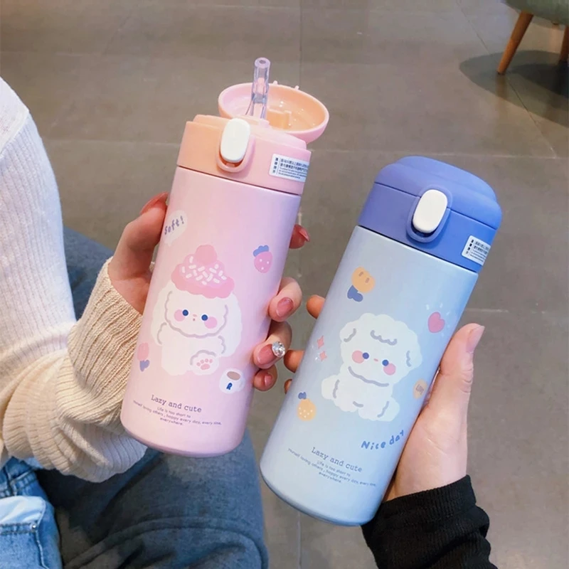 Holaroom Stainless Steel Thermos Vacuum Flask Creative Straw Cup Cute Thermal Insulation Water Bottle Practical Gift About 380ml